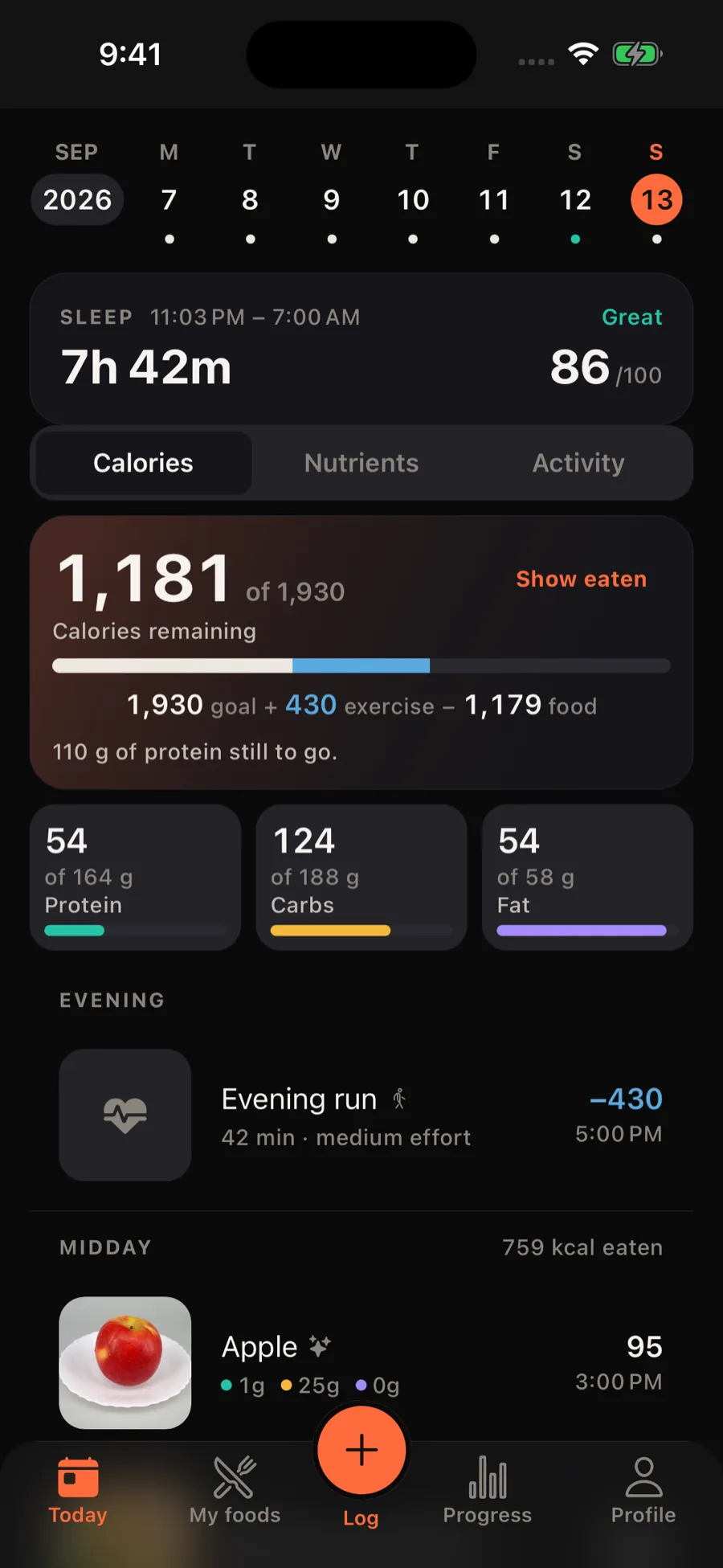 Sample diary: sleep score 86, 1,181 calories remaining, 54 g protein, 124 g carbs and 54 g fat. A 430-calorie evening run and an apple appear in the diary.