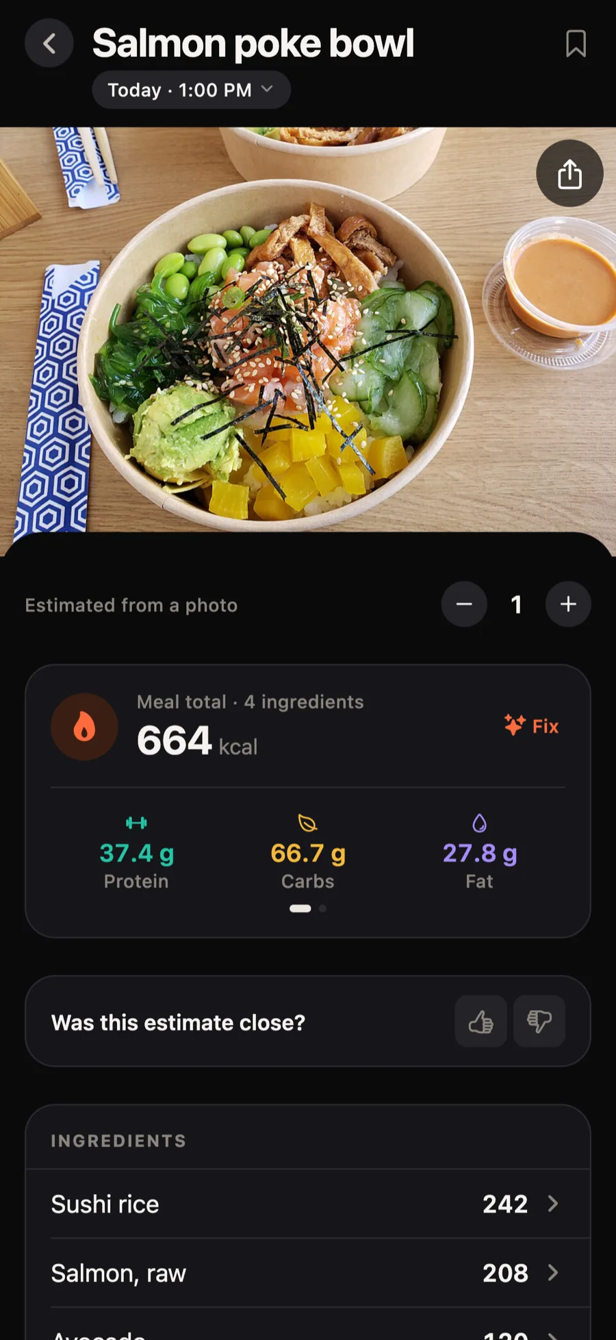 Sample salmon poke bowl with editable calorie and macro estimates