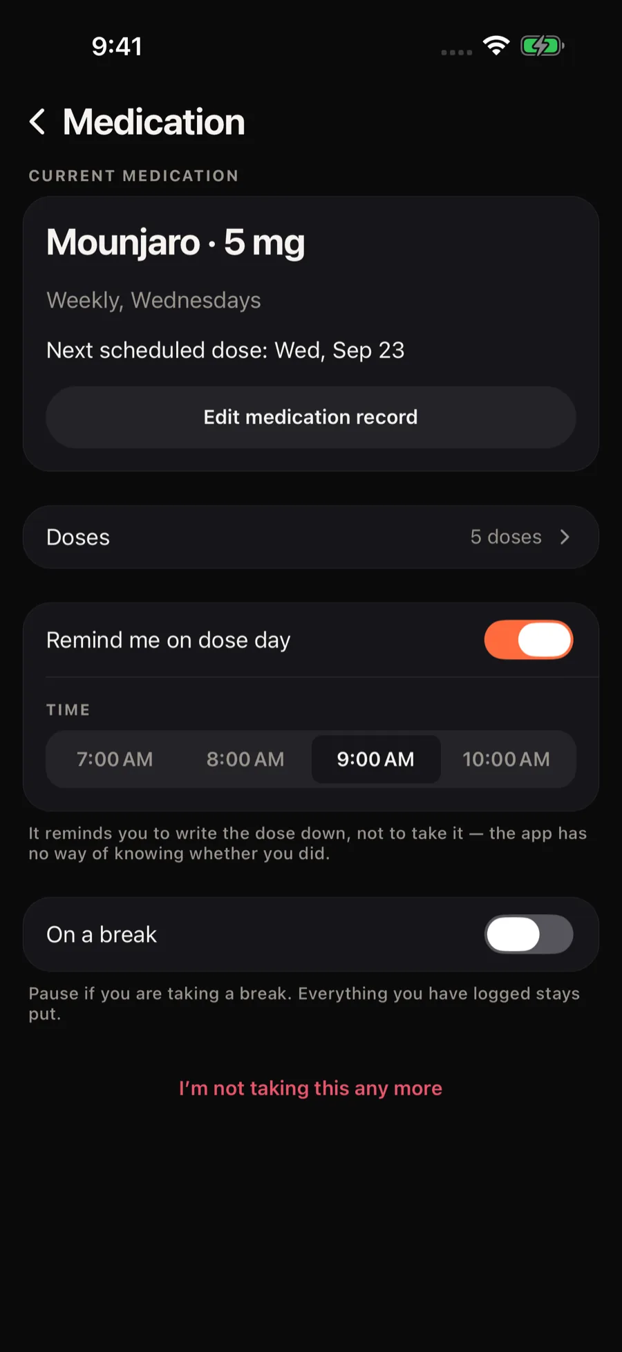 Example Medication screen from the top: Mounjaro 5 mg, weekly on Wednesdays, with the dose-day reminder enabled for 9 AM
